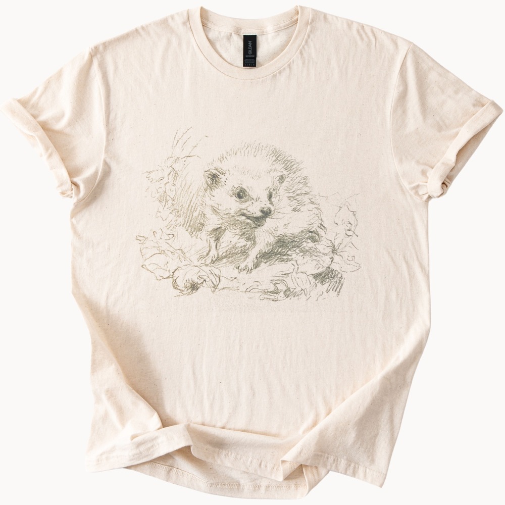 Fluffy Cat in Autumn Leaves Graphic Tee Pen and Ink Illustration
